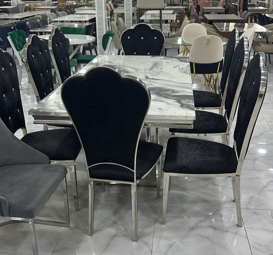 Ağ mərmər görünüşlü yemək masası və 8 qara stul – Levent Mebel